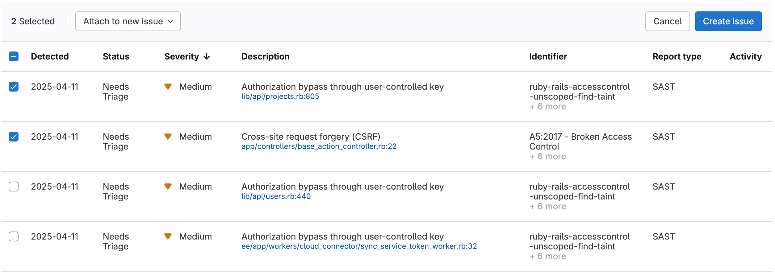 Attach vulnerabilities to a new issue